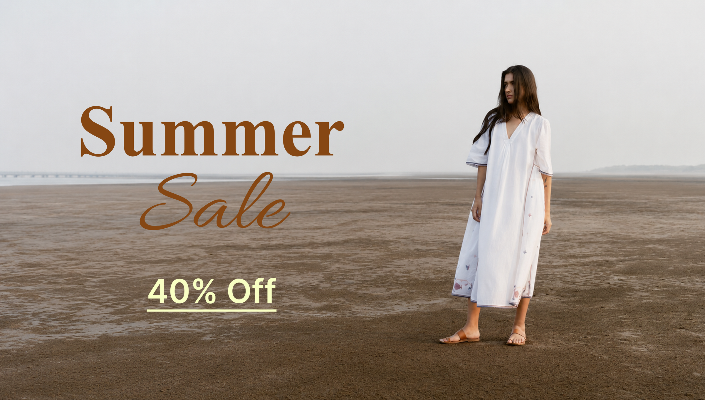 Woman in a white dress standing on a beach with 'Summer Sale 40% Off' text.